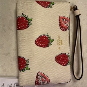 Coach Corner Zip Wristlet With Strawberry Print